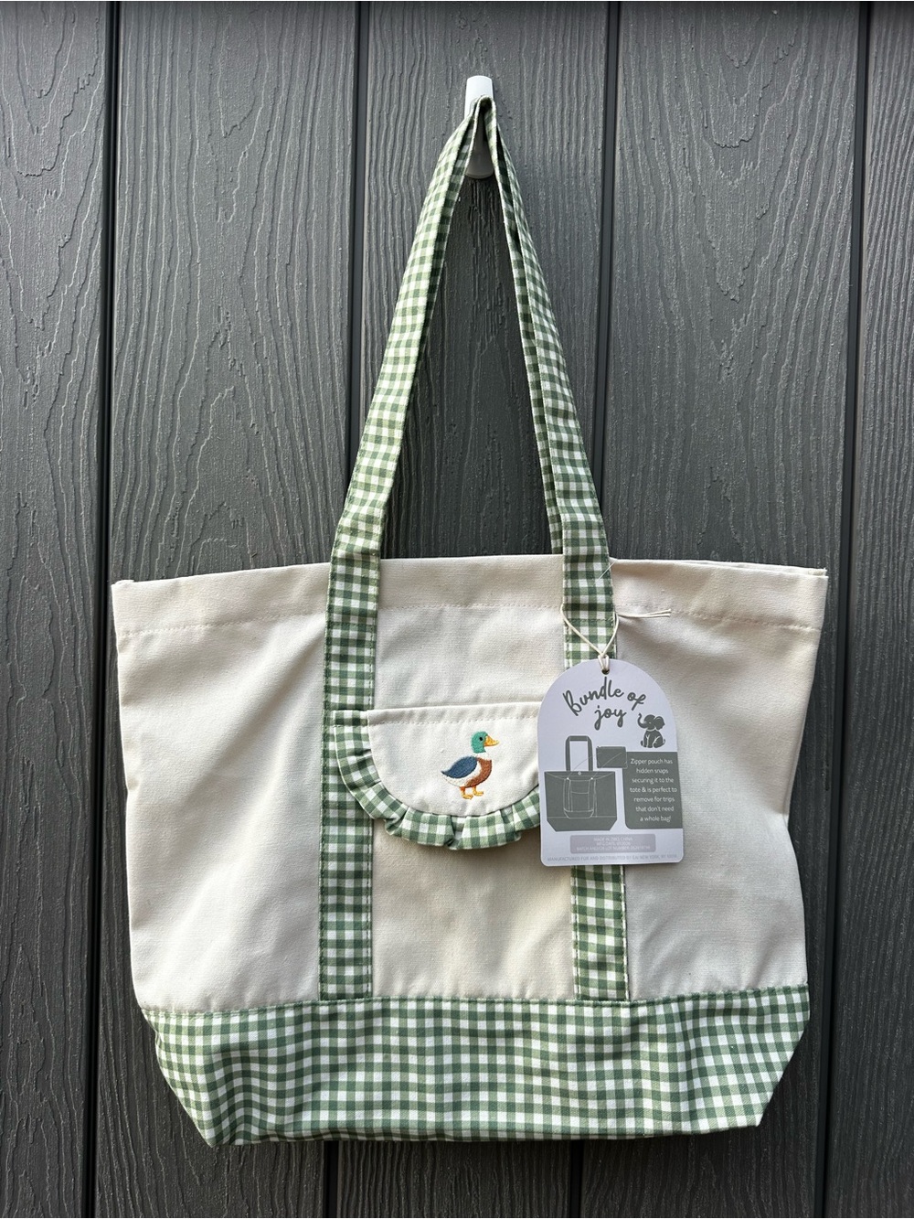 Duck Canvas Tote Bag with Green Gingham Trim NWT